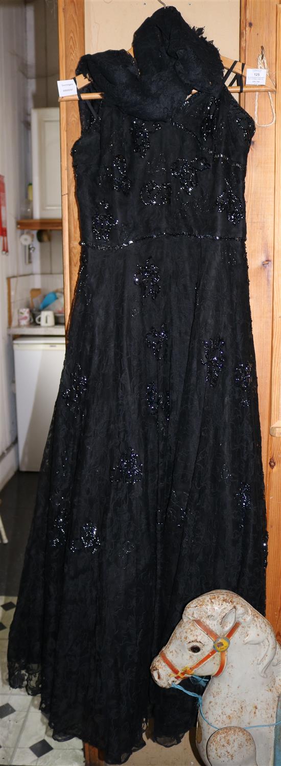 Black beaded & sequined 1950s evening gown on black lace & net with similar stole